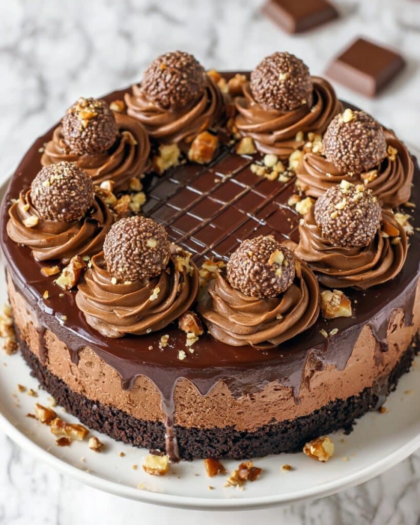 Nutella Cheesecake with Chocolate Ganache and Ferrero Rocher Toppings Recipe