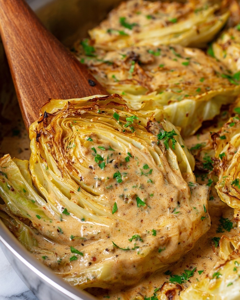 A close-up view of several thick wedge layers of roasted cabbage, each layer showing a mix of light yellow and green with browned, slightly crispy edges. The wedges are coated in a creamy, light brown sauce speckled with green herbs and bits of seasoning, giving the dish a rich texture. Small, fresh green parsley pieces are sprinkled across the cabbage wedges, adding a fresh contrast. A wooden spatula lifts one wedge, emphasizing the creamy sauce that clings to the layers. The entire dish is set against a white marbled background inside a shiny metal pan, conveying warmth and home-cooked appeal. Photo taken with an iphone --ar 4:5 --v 7