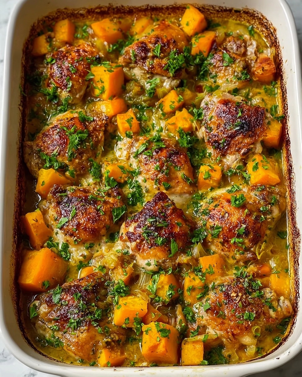 The image shows a white baking dish filled with six browned, crispy meat patties, each sitting in a layer of orange cubed vegetables like squash or sweet potatoes with green herb garnishes scattered on top. The sauce around the patties appears glossy and light brown, with some soft translucent onion slices mixed in. A silver spoon is lifting one patty and some vegetables from the dish, held by a woman's hand. The background has a white marbled surface. photo taken with an iphone --ar 4:5 --v 7