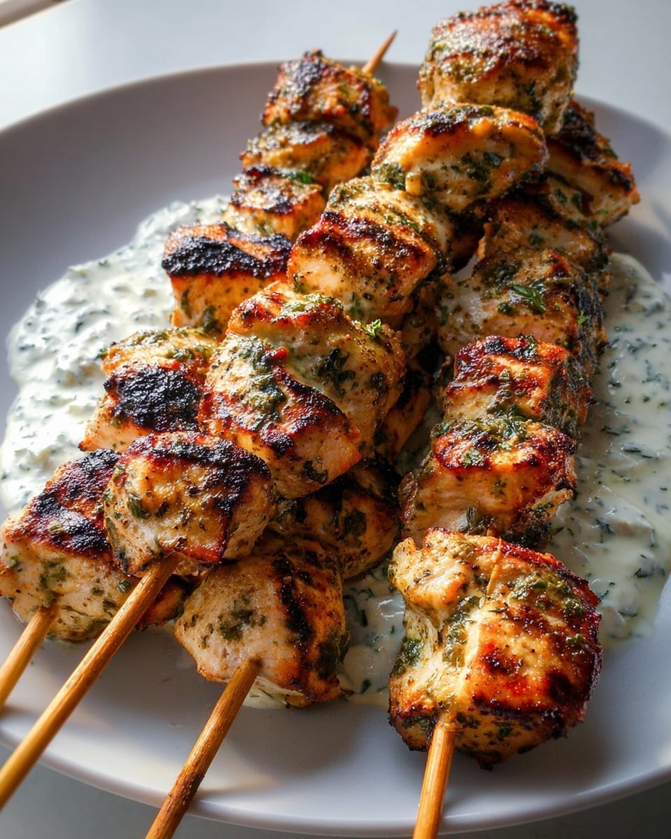 Two wooden skewers with five grilled chunks of golden-brown chicken each, covered in green herbs, rest on a bed of creamy white sauce with visible green flecks, and a drizzle of yellow olive oil around it. The chicken pieces show a slightly charred texture with juicy, tender edges. The dish is served on a white plate placed on a white marbled surface, illuminated by soft natural light. photo taken with an iphone --ar 4:5 --v 7