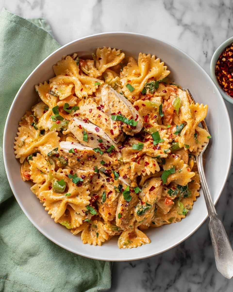 The image shows a close-up of a stainless steel pan filled with creamy pasta made of bowtie shapes covered in a light orange sauce. There are thin slices of green vegetables and small orange pieces mixed throughout. The dish is sprinkled with chopped green herbs on top, adding a fresh touch. A wooden spatula is inside the pan, stirring the pasta, showing its texture and sauce coating well. The background is a white marbled surface. photo taken with an iphone --ar 4:5 --v 7