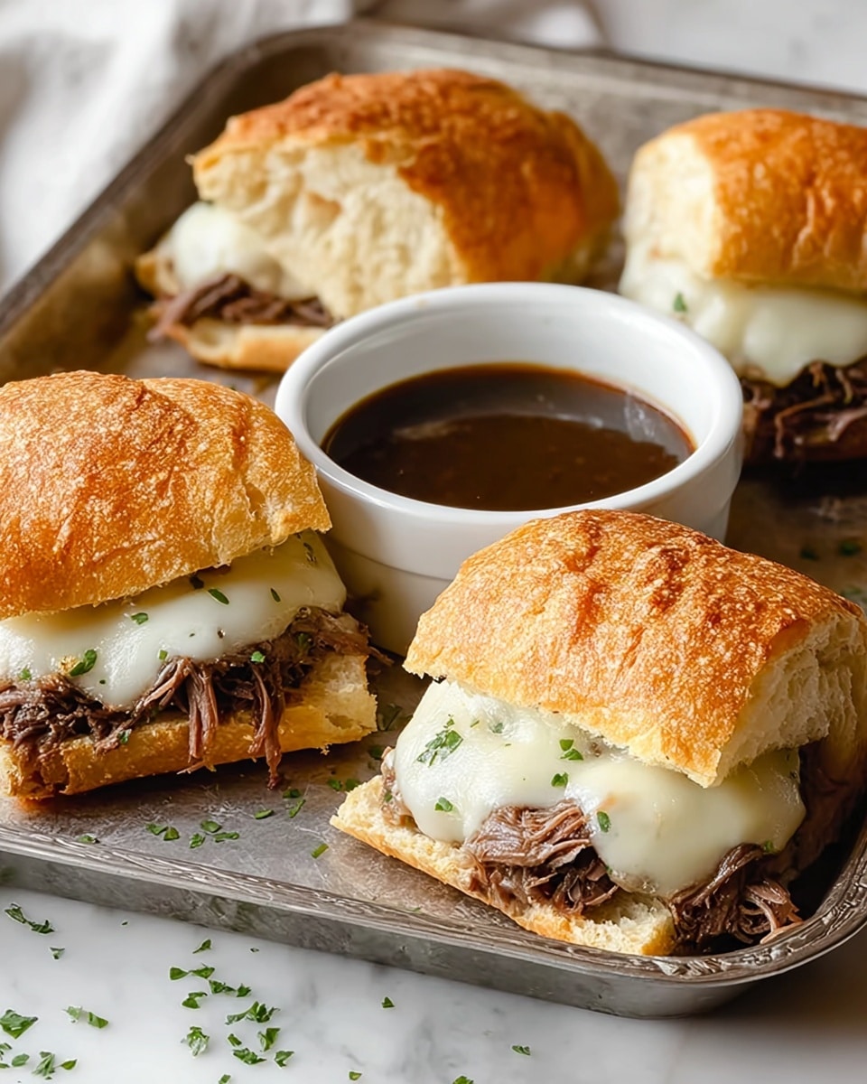 The image shows three sandwiches on a silver tray placed on a white marbled surface. Each sandwich has two layers: the bottom layer is shredded dark brown meat, topped with a melted white cheese layer, all nestled inside a golden-brown toasted bread roll with a slightly rough texture. In the center of the tray, there is a small white ceramic bowl filled with dark brown dipping sauce. Small green herb pieces are sprinkled around the sandwiches and tray edges. Photo taken with an iphone --ar 4:5 --v 7