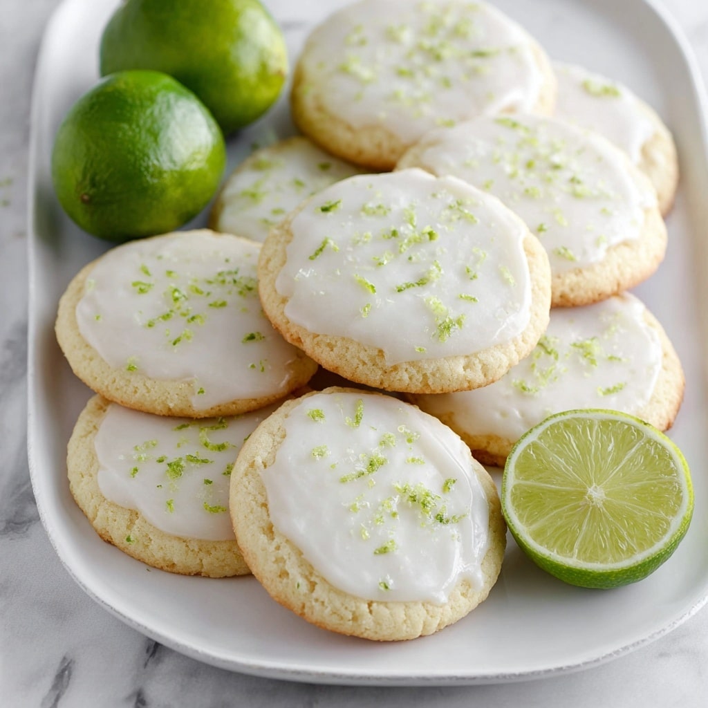 A close-up of a stack of five soft, round cookies with a light golden and slightly cracked texture on a white marbled surface. The top two cookies have a smooth white icing layer with small green lime zest sprinkles, and the very top cookie has a bite taken out, showing its soft inside. In the blurred background, there is a halved lime adding a fresh, green contrast to the pale cookies. photo taken with an iphone --v 7