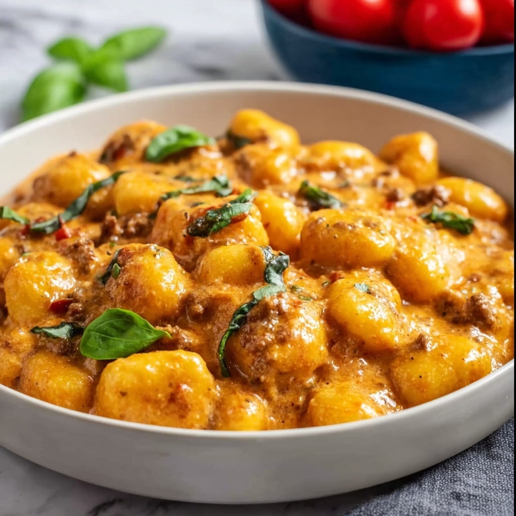 A close-up view of a white bowl filled with soft, rounded gnocchi pieces coated in a rich, creamy orange sauce that has a slightly chunky texture, dotted with small bits of browned meat mixed throughout. Fresh green basil leaves are scattered on top, adding a contrast of color. The background shows a white marbled surface and a blurry blue bowl with red tomatoes sitting nearby. Photo taken with an iphone --v 7