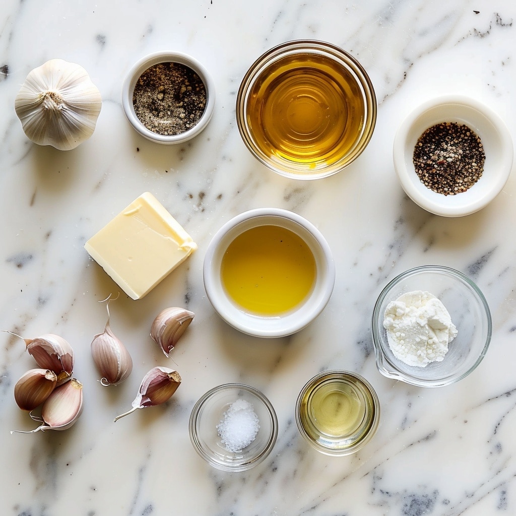A small beige and brown ceramic sauce pitcher overflowing with light tan sauce, the sauce spilling down the side with specks of black pepper and green herbs on top, placed in the foreground on a dark wooden board. Behind the pitcher, there is a row of seven slices of medium-rare steak with a brown seared crust and pink center, arranged from largest to smallest toward the right side. The background and surface have a white marbled texture. Photo taken with an iphone --v 7