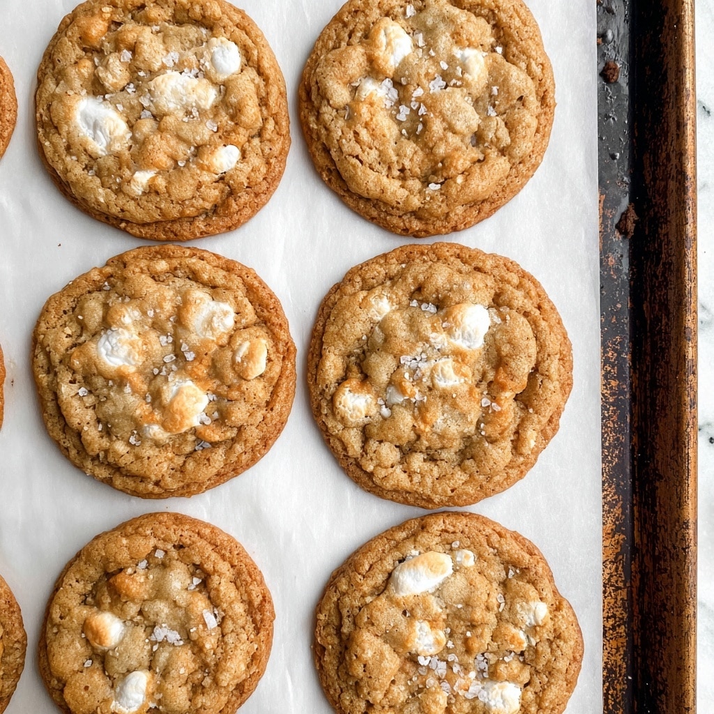 A close-up view of freshly baked cookies arranged in three vertical rows on white parchment paper, placed on a dark brown baking tray with visible wear marks on the right edge. Each cookie is golden brown with a slightly uneven surface and a rough texture showing small oat flakes. White melted marshmallow spots are scattered throughout the cookies, giving a soft, puffy effect. There are small flakes of salt sprinkled on top, adding a contrasting white sparkle on the warm cookie surface. The background beyond the baking tray shows a white marbled texture. photo taken with an iphone --v 7