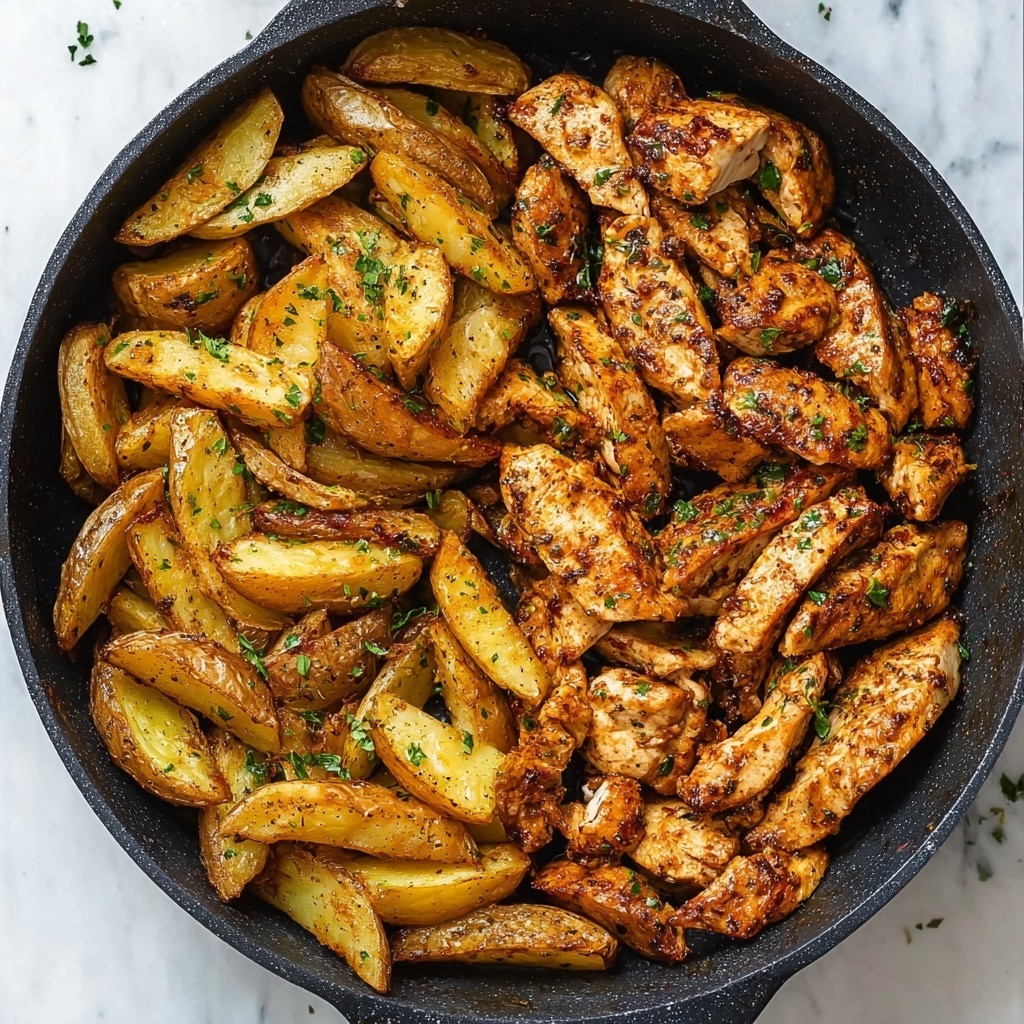 A black pan filled with two main layers side by side: on the left, golden-brown roasted potato wedges with a slightly crispy texture and sprinkled with green herbs; on the right, sliced cooked chicken pieces that are golden and slightly charred with visible seasoning and herbs scattered on top. The pan sits on a white marbled surface with a few small green herb bits around it. Photo taken with an iphone --v 7