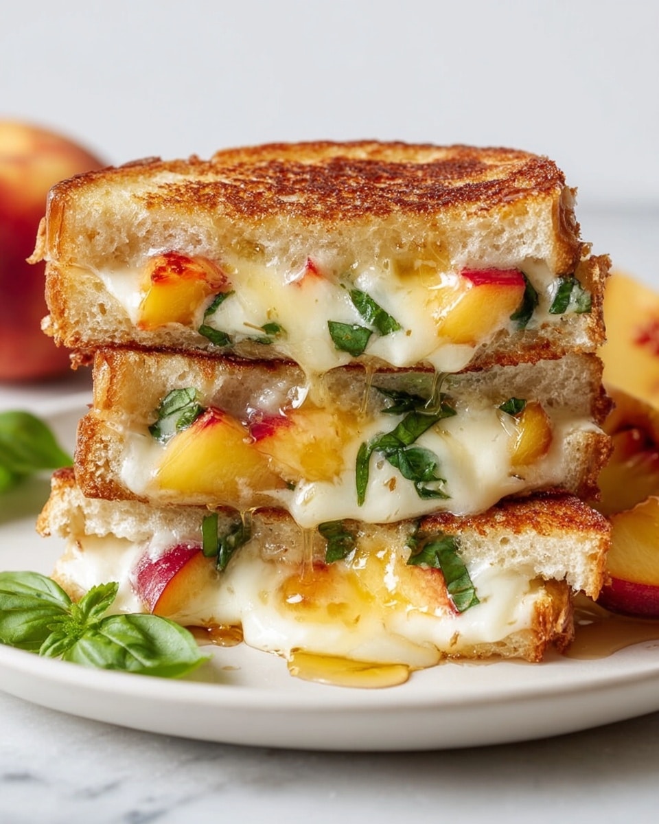 Large white plate with a whole stack of golden-brown grilled peach and melted mozzarella sandwiches made with rustic seeded bread, each sandwich perfectly toasted with juicy peach slices, fresh basil leaves, and honey drizzling down the sides, all arranged beautifully on a white marble countertop, natural lighting emphasizing the textures and colors, professional food magazine hero shot, photo taken with an iphone --ar 4:5 --v 7