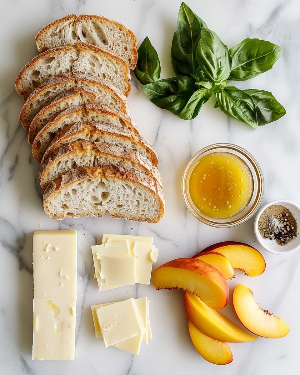 Single white plate featuring one grilled cheese sandwich half stacked on top of the other, showcasing the melted cheese oozing with fresh peach slices and vibrant green basil leaves inside, golden toasted bread with slight crisp texture, drizzle of honey pooling on the plate around the sandwich, close-up angled shot emphasizing the creamy interior layers and juicy fruit pieces, placed on white marble surface with natural lighting, styled as an intimate plated serving photo taken with an iphone --ar 4:5 --v 7