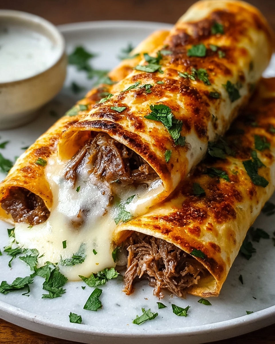 Large white plate showcasing a complete serving of golden, crispy beef and melted cheese filled rolled tortillas arranged neatly with vibrant sprinkled fresh cilantro leaves, the tortillas glistening with a smoky char and slight crispness, accompanied by a small white bowl of creamy dipping sauce in the background, whole dish presented in a professional 3/4 angle shot on a white marble countertop with natural lighting, styled like a hero food magazine photograph, photo taken with an iphone --ar 4:5 --v 7