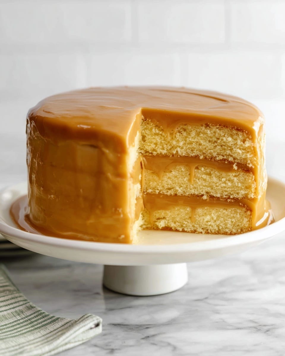 Whole three-layer yellow cake covered smoothly in glossy caramel frosting, each layer thickly filled with caramel cream, sitting on a simple white cake stand, perfectly round with even edges and a glossy, irresistible finish, styled on a white marble countertop with natural light highlighting the texture, professional food magazine hero style photo taken with an iphone --ar 4:5 --v 7
