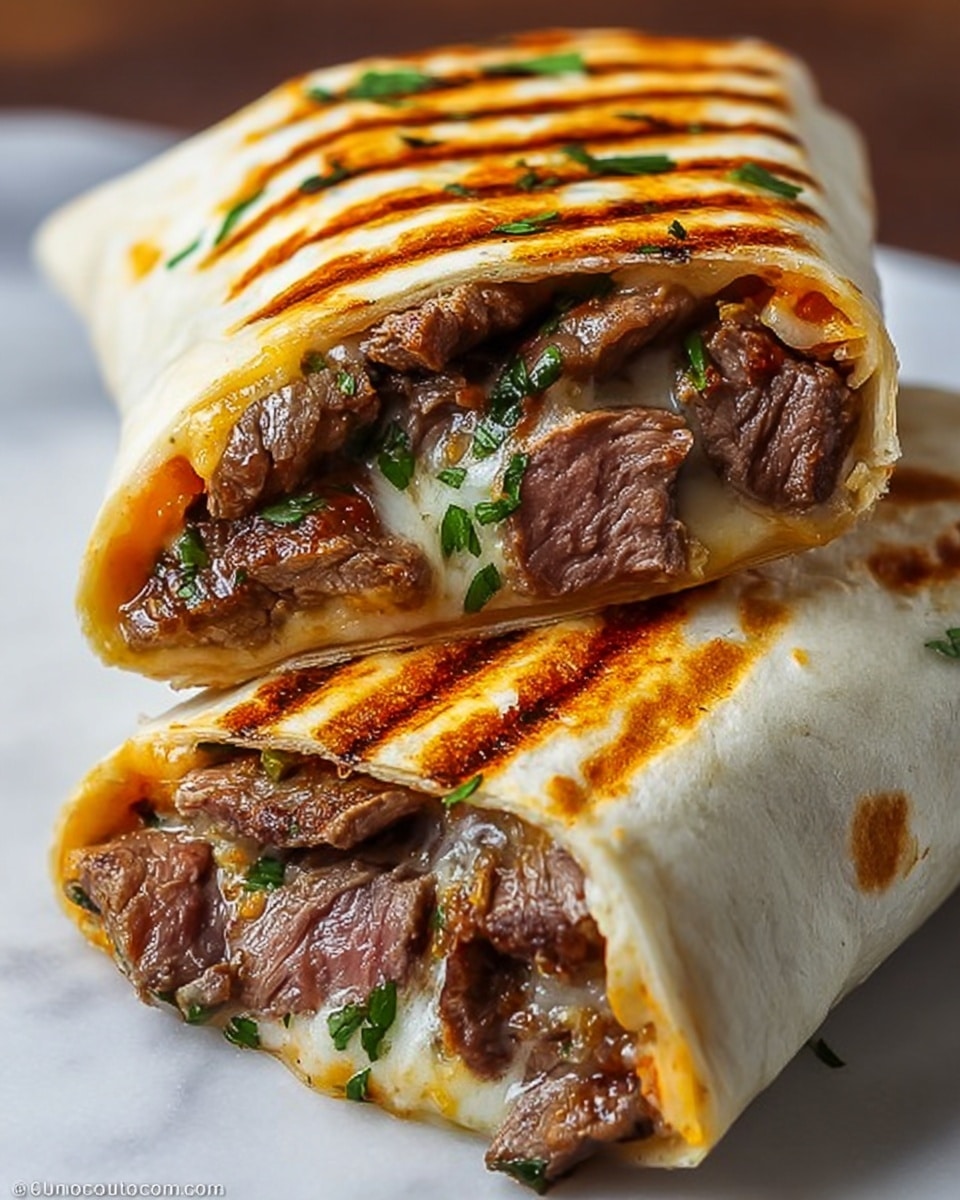 Two large whole flour tortillas tightly wrapped and golden grilled, filled generously with tender strips of seasoned beef, melted white cheese, fresh chopped cilantro, and bits of sautéed onions and red peppers, arranged side by side in a neat row on a white surface, entire uncut wraps shown with a slight sheen on the grilled exterior, photographed at a 3/4 angle on white marble background with natural lighting, styled like a hero shot from a food magazine, photo taken with an iphone --ar 4:5 --v 7
