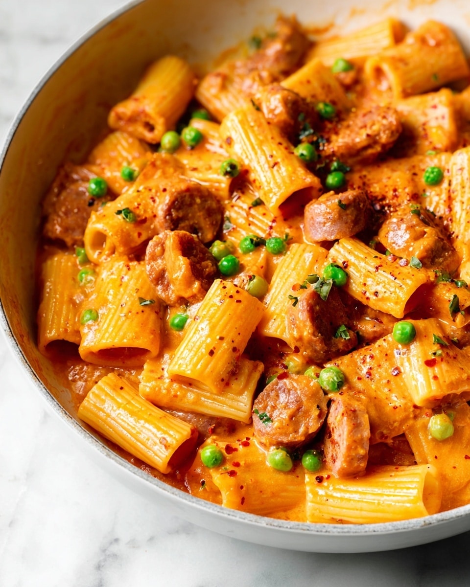 Single white shallow bowl with one serving of rigatoni pasta coated in creamy tomato sauce, featuring tender slices of sausage and bright green peas, close-up angled view emphasizing the smooth, velvety texture of the sauce clinging to each pasta piece, sprinkled with red pepper flakes for a hint of spice, placed on a white marble surface, styled like a food blog close-up photo taken with an iphone --ar 4:5 --v 7
