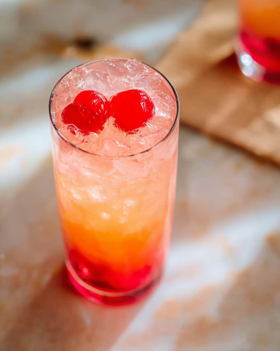 A set of tall white glasses filled with vibrant pink and orange layered cherry cocktails, each glass garnished with whole bright red maraschino cherries on top and surrounded by scattered cherries on a white marble countertop, natural light highlighting the translucent ice cubes and the refreshing gradient of the drink, styled as a professional hero shot from a food magazine, capturing the complete presentation of the cocktail drinks together --ar 4:5 --v 7