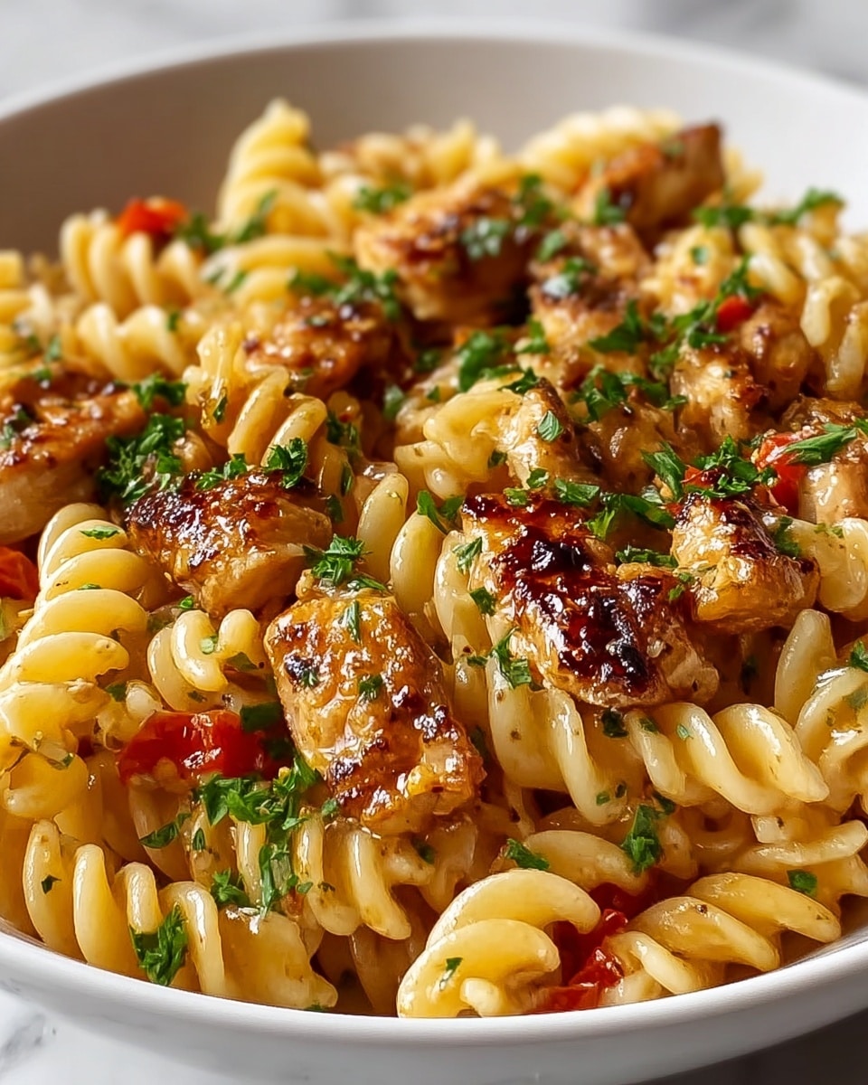Single white bowl with a close-up view of a single serving of rotini pasta tossed with tender, charred pieces of grilled chicken, glistening with a savory glaze, dotted with finely chopped fresh parsley and small red pepper bits, showcasing the rich textures of the pasta spirals and the caramelized exterior of the chicken, all placed on a white marble surface under natural light, styled like a food blog plated serving photo taken with an iphone --ar 4:5 --v 7