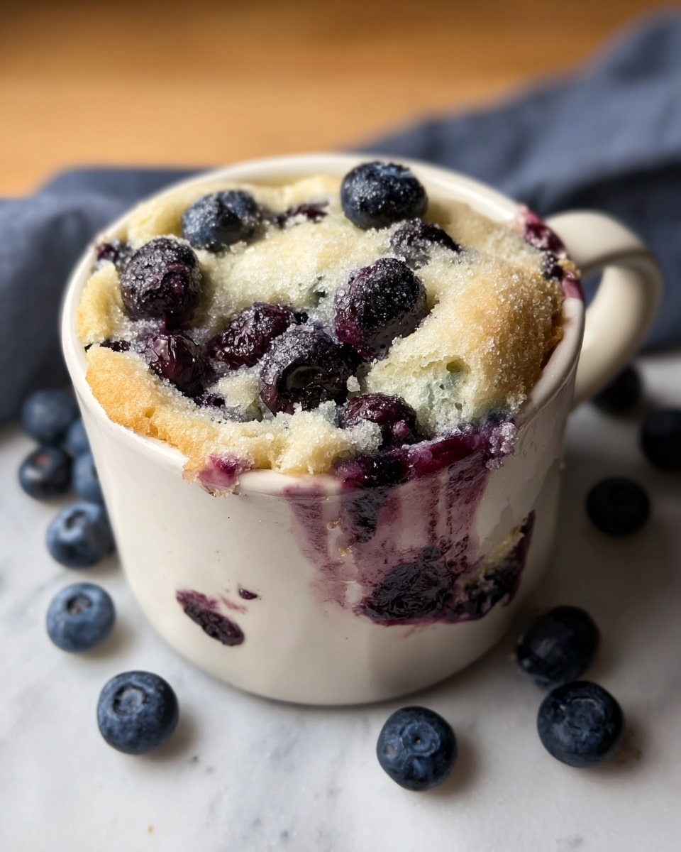 A large white ceramic mug filled with a fully baked blueberry mug cake, the cake risen perfectly to the rim, fluffy and moist with fresh whole blueberries bursting throughout, slightly oozing natural purple blueberry juices, presented on a white marble countertop with scattered fresh blueberries around, natural lighting highlighting the soft texture of the cake, professional 3/4 angle hero shot photo taken with an iphone --ar 4:5 --v 7