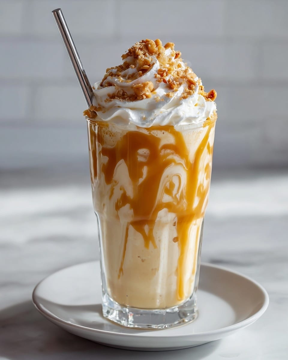 A large white ceramic mug filled with a creamy caramel milkshake, topped generously with swirls of whipped cream and drizzled with rich, golden caramel sauce cascading down the inside of the glass. Garnished with two whole square graham crackers placed upright into the whipped cream, sprinkled lightly with crushed caramel bits. The whole classic dessert beverage is showcased from a 3/4 angle on a white marble countertop, bathed in natural lighting, styled like a premium hero shot from a food magazine, photo taken with an iphone --ar 4:5 --v 7