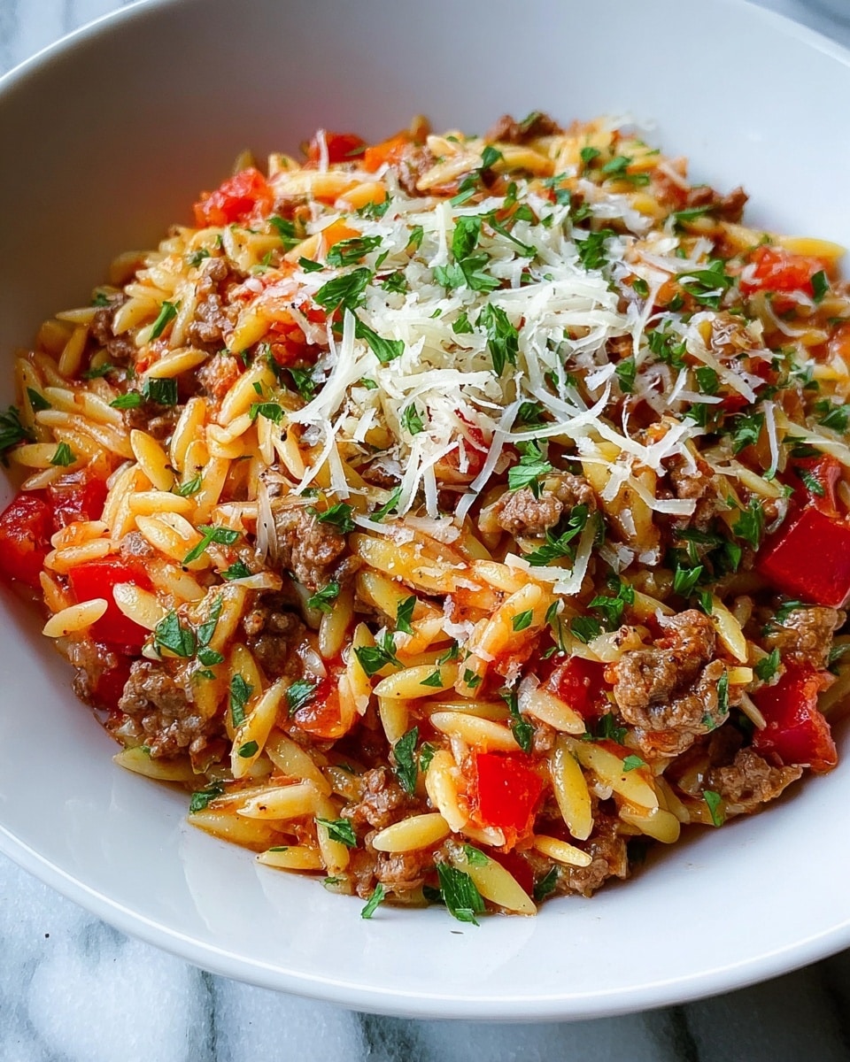 Large white serving bowl filled with a generous portion of Italian-style orzo pasta mixed with seasoned ground meat, diced tomatoes, fresh parsley, and chickpeas, all topped with a sprinkling of grated Parmesan cheese, displayed from a 3/4 angle on a white marble surface with natural lighting, styled as a vibrant and hearty complete dish photo taken with an iphone --ar 4:5 --v 7