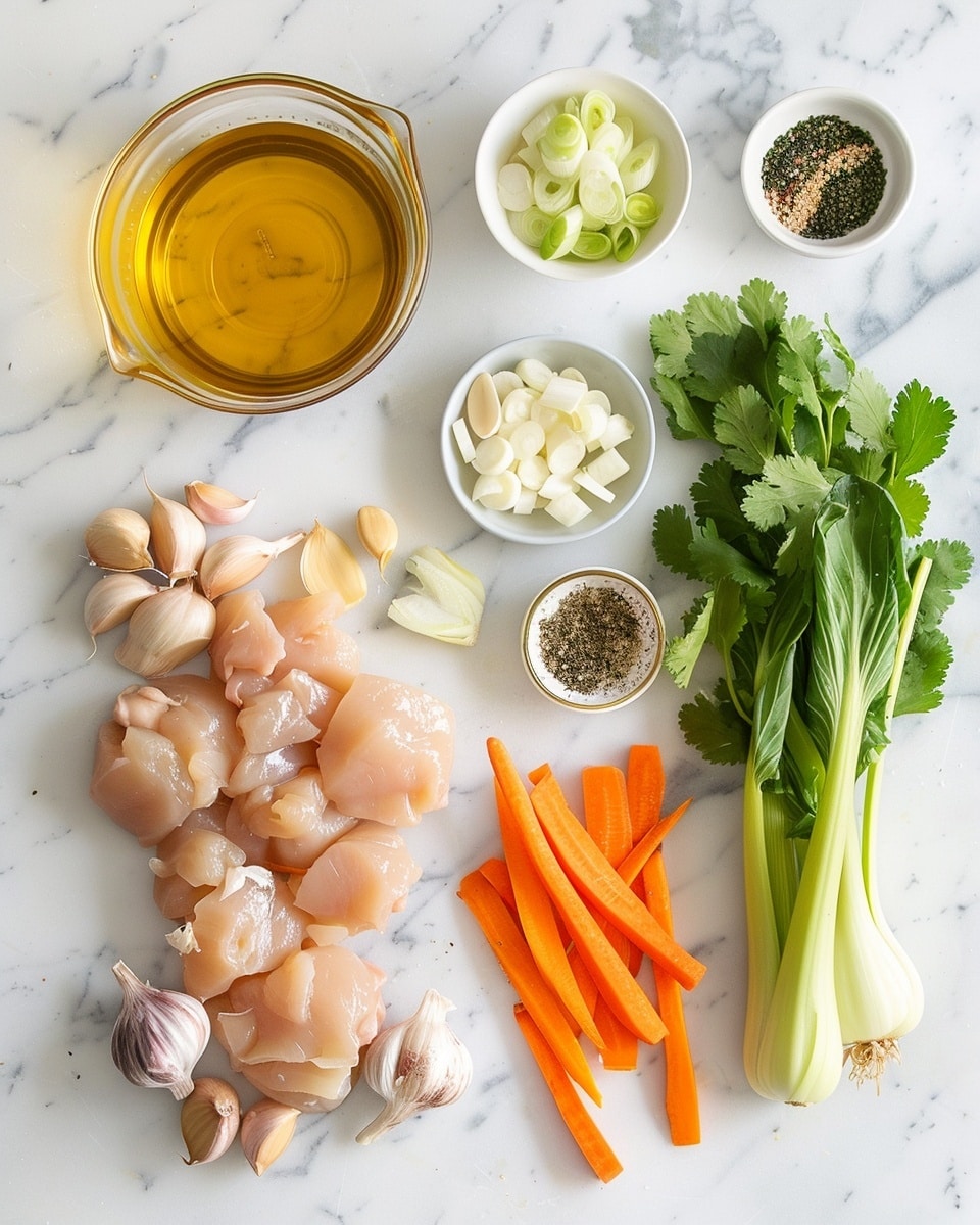 Single white bowl containing a steaming portion of clear chicken broth soup with thin rice noodles nestled beneath tender shredded chicken, scattered slices of sautéed mushrooms, and a generous sprinkle of chopped green onions and chili flakes on top, close-up angle capturing the rich texture of the broth and the delicate strands of noodles, garnished with toasted sesame seeds, set on a white marble surface, natural lighting highlighting the warmth and freshness, intimate plated serving photo taken with an iphone --ar 4:5 --v 7