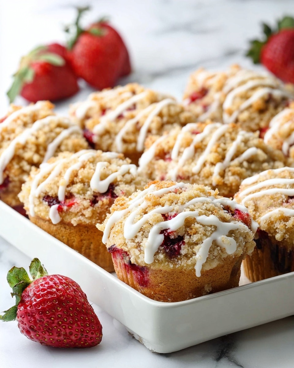 A white rectangular baking pan filled with a dozen freshly baked strawberry crumb muffins, each topped with a generous golden crumb topping and drizzled with smooth white icing, vibrant red strawberry pieces peeking through the crumb, arranged neatly in the pan with a few fresh strawberries placed alongside for garnish, captured in a professional 3/4 angle shot on a white marble background with natural lighting, showcasing the entire batch as a mouthwatering hero dish, photo taken with an iphone --ar 4:5 --v 7