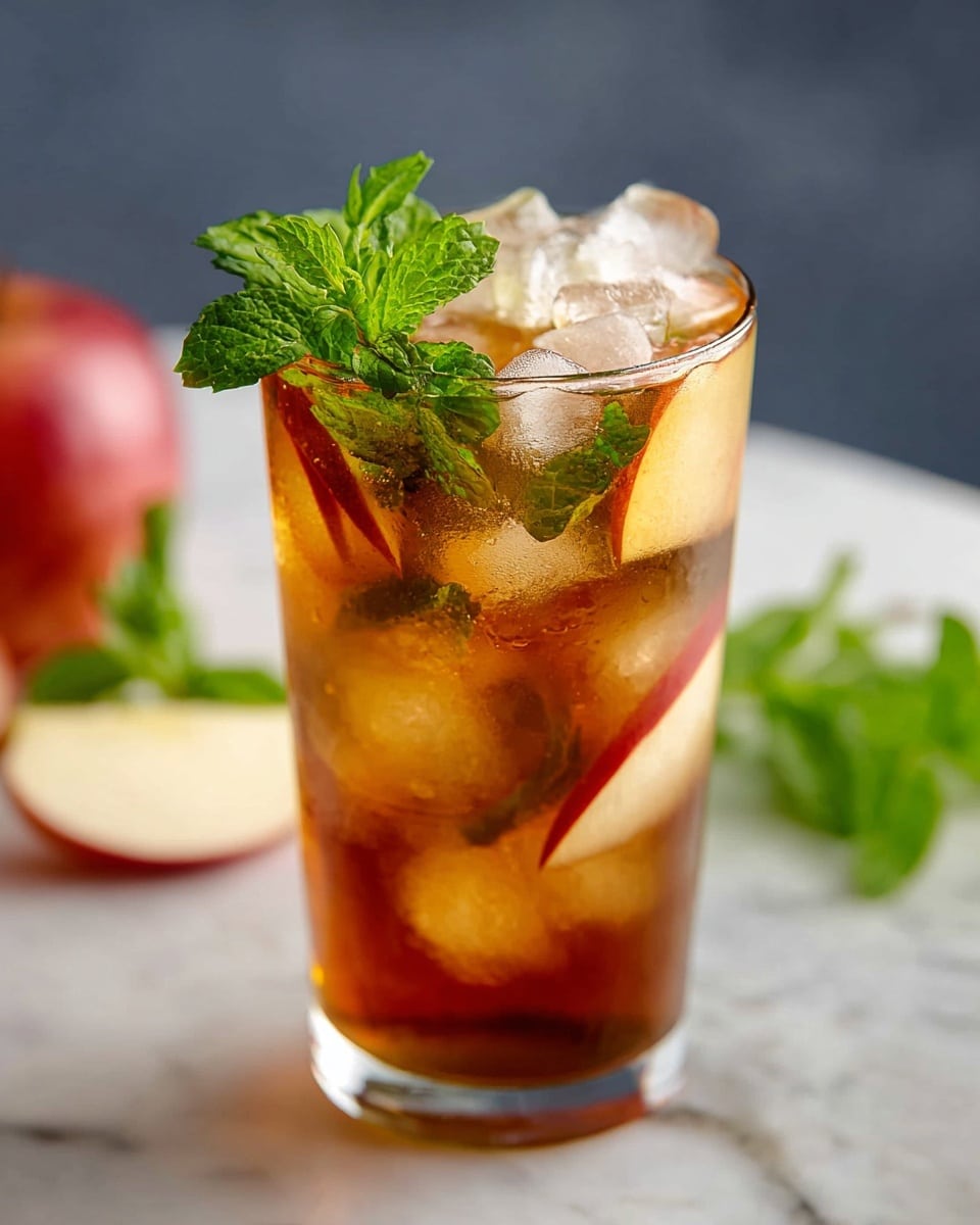 Tall white glass filled with multiple servings of chilled iced tea, garnished with fresh green mint leaves and slices of red apple, accompanied by ice cubes that glisten under natural light, entire setup placed on a white marble countertop, photographed from a 3/4 angle in a professional food styling manner, photo taken with an iphone --ar 4:5 --v 7