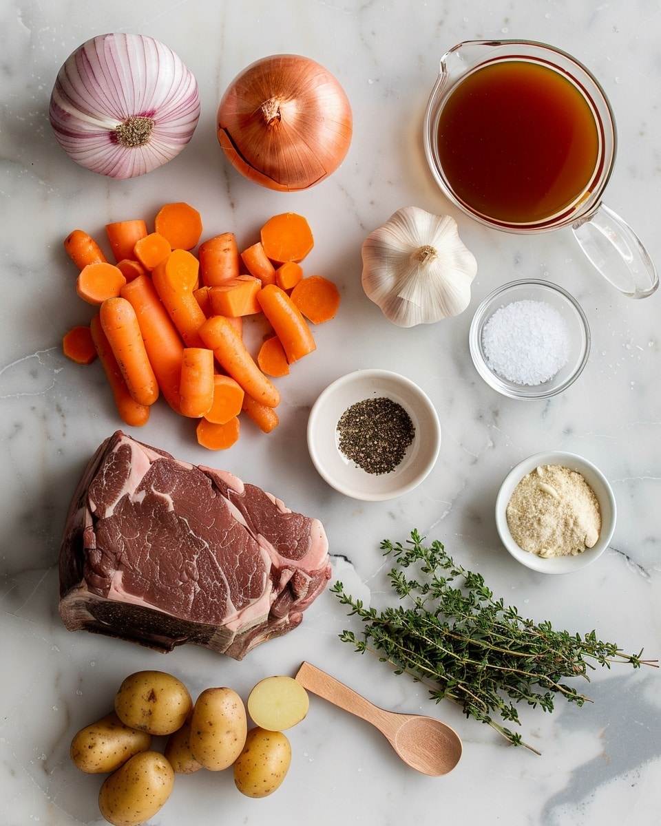 Single white plate featuring one portion of slow-cooked pot roast with tender, shredded beef revealing moist interior fibers, surrounded by golden roasted baby potatoes and vibrant orange carrot chunks, lightly glazed with rich savory gravy and garnished with finely chopped fresh parsley, angled close-up shot emphasizing the textures and layers of the meat and vegetables, set on a white marble surface with natural lighting, styled like a food blog serving, photo taken with an iphone --ar 4:5 --v 7