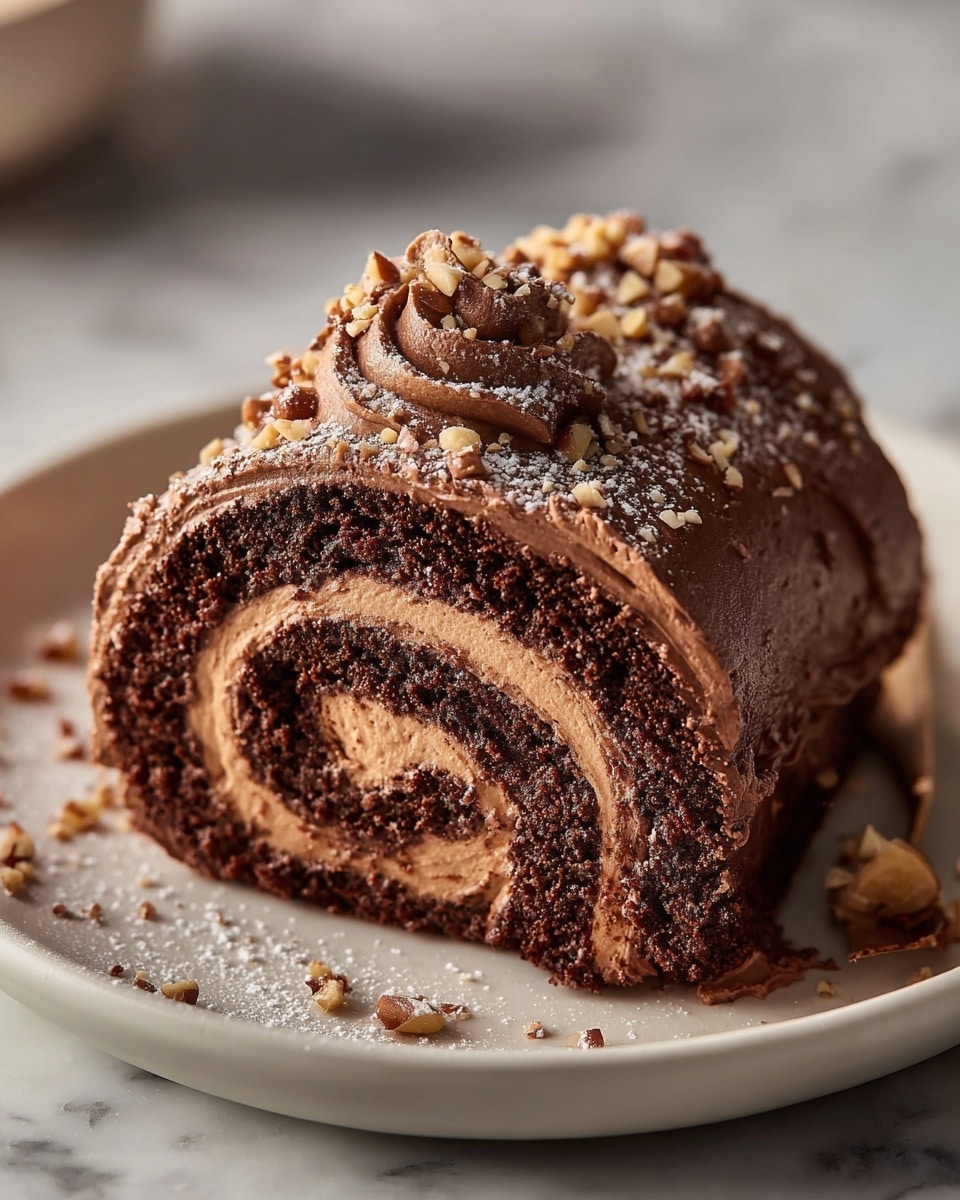 A whole uncut chocolate roll cake on a white plate, fully covered in smooth, swirled coffee buttercream frosting and generously sprinkled with chopped hazelnuts on top, the entire cake presented prominently with elegant decoration on a white marble countertop, natural lighting highlighting its rich texture and luscious details, professional overhead food photography, photo taken with an iphone --ar 4:5 --v 7
