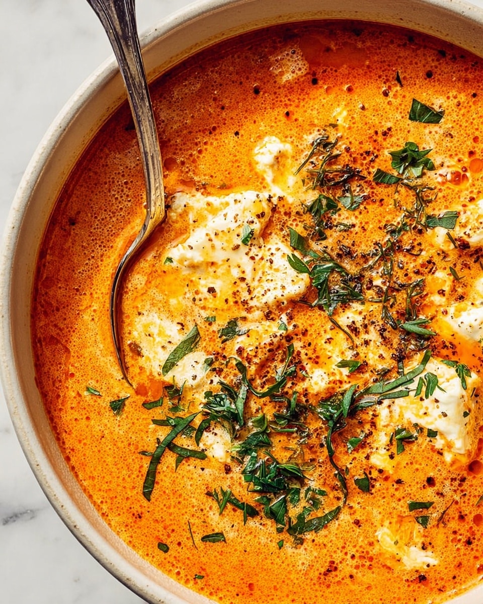 Large white ceramic bowl filled with a rich and creamy orange-hued soup, generously dotted with fresh creamy cheese chunks, sprinkled with vibrant green chopped herbs and a light dusting of cracked black pepper and chili flakes, the entire soup surface glistening with a layer of savory oil, a silver spoon nestled inside the bowl, photographed from a 3/4 angle showing the whole unspoiled serving, set on a pristine white marble background with natural lighting, styled as a professional food magazine hero shot, photo taken with an iphone --ar 4:5 --v 7