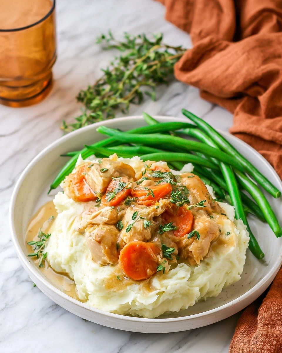 Large white slow cooker filled with creamy shredded chicken stew, packed with chunky orange carrot slices, tender pieces of chicken, and fresh green parsley sprinkled on top, presented as a whole and hearty comforting dish, photographed from a 3/4 angle on white marble countertop with natural lighting, professional food magazine hero shot, photo taken with an iphone --ar 4:5 --v 7