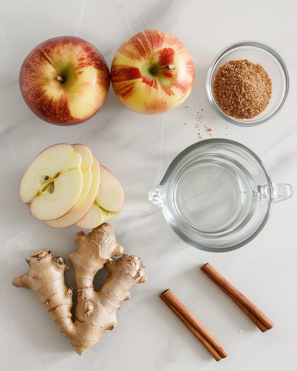 Single white ceramic mug filled with steaming hot ginger apple tea, close-up angled view showcasing the warm amber liquid with gentle steam rising, placed on a white marble surface, garnished with a small fresh ginger root piece and a red apple slice resting beside the mug for added visual interest, natural lighting highlighting the inviting warmth of the tea, styled as an intimate single serving ready to enjoy, photo taken with an iphone --ar 4:5 --v 7