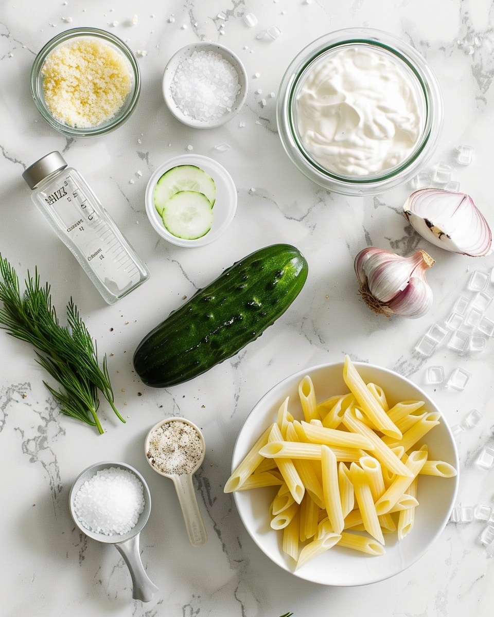 Single white bowl with a close-up view of creamy penne pasta salad mixed with thinly sliced cucumber rounds and fresh dill sprigs, showcasing the rich, tangy dressing coating each piece of pasta, freshly cracked black pepper sprinkled on top, natural light highlighting the textures and freshness, placed on a white marble surface, styled like a food blog individual serving photo taken with an iphone --ar 4:5 --v 7