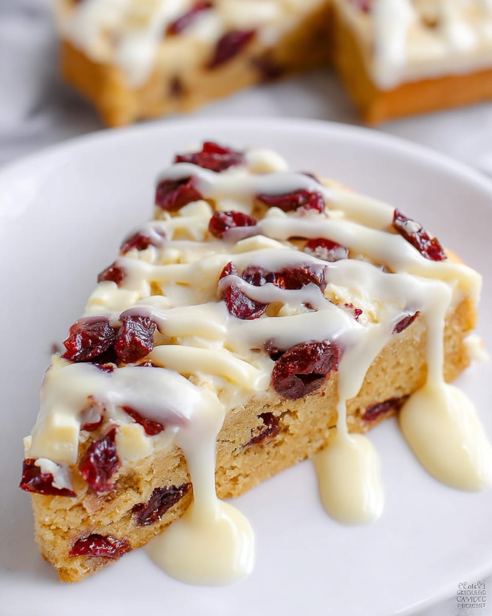 Large white ceramic baking dish filled with a whole thick cranberry and white chocolate cookie bar, generously topped with smooth creamy white frosting and scattered dried cranberries, showing the full rectangular dessert uncut, photographed from a 3/4 angle on a white marble countertop with natural lighting, styled for a high-end food magazine hero shot, photo taken with an iphone --ar 4:5 --v 7