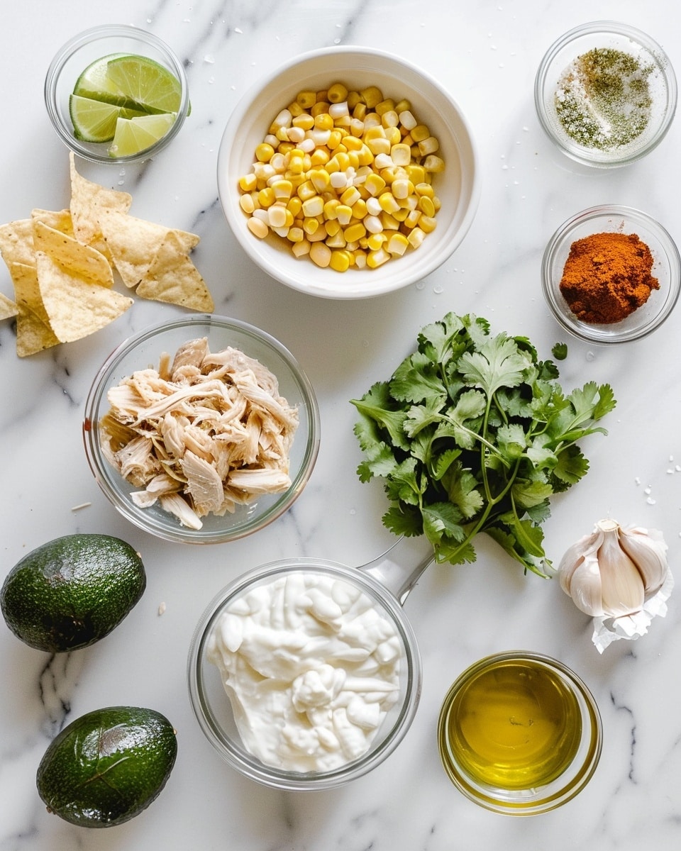Single white bowl with a generous single serving of creamy white chicken chili featuring tender shredded chicken, plump white beans, and sweet corn kernels, topped with vibrant diced avocado slices and sprinkled with fresh chopped cilantro and red chili flakes, close-up angled shot revealing the rich, textured broth and hearty ingredients, placed on a white marble surface with natural lighting, styled as an intimate ready-to-eat portion from a food blog, photo taken with an iphone --ar 4:5 --v 7