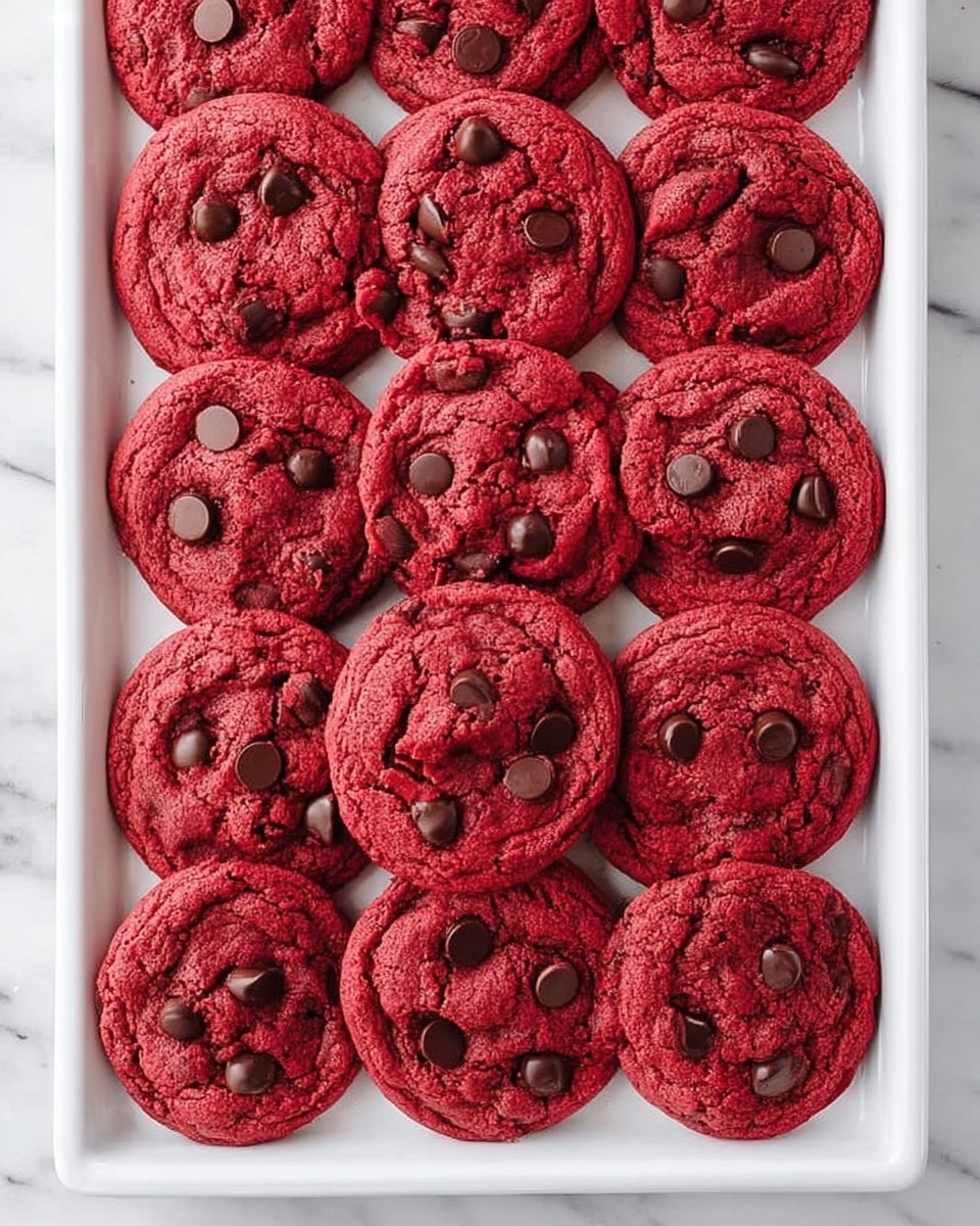 White rectangular baking tray filled with a full batch of vibrant red velvet chocolate chip cookies, each cookie perfectly round with soft cracked tops dotted generously with semi-sweet chocolate chips, arranged neatly side by side covering the entire tray, captured from a slightly angled overhead perspective on a white marble surface with natural light highlighting the rich red color and soft texture, professional food magazine hero shot, photo taken with an iphone --ar 4:5 --v 7