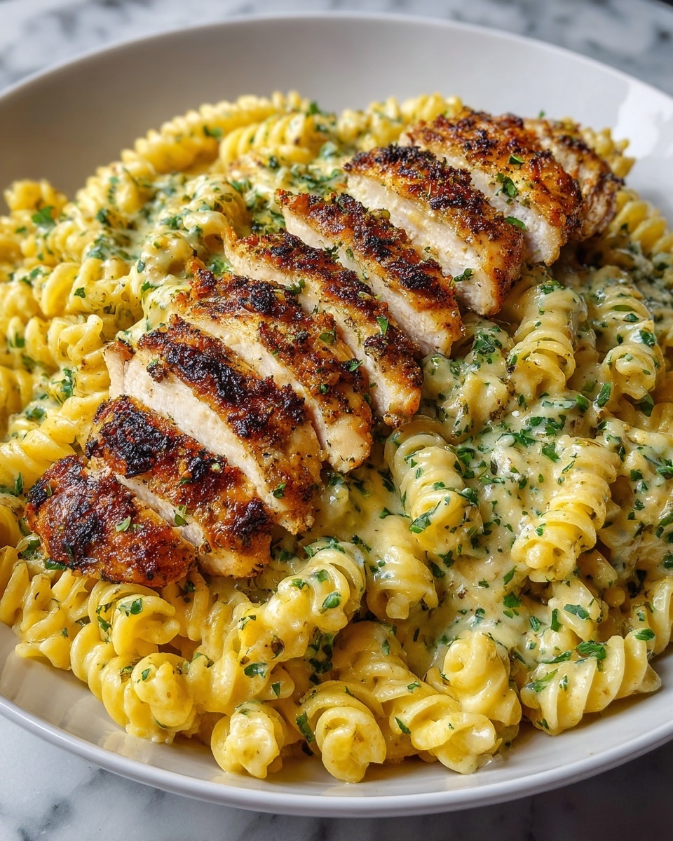 A close-up image of a dish showing five slices of golden-brown grilled chicken placed in a row on top of creamy rotini pasta. The pasta is covered in a rich yellow sauce with green herb bits and small red pepper flakes, creating a colorful contrast. The chicken has a slightly charred crust with visible seasoning and green herbs sprinkled on top. The food is served in a white round pan with a black outer edge placed on a white marbled surface. Photo taken with an iphone --ar 4:5 --v 7