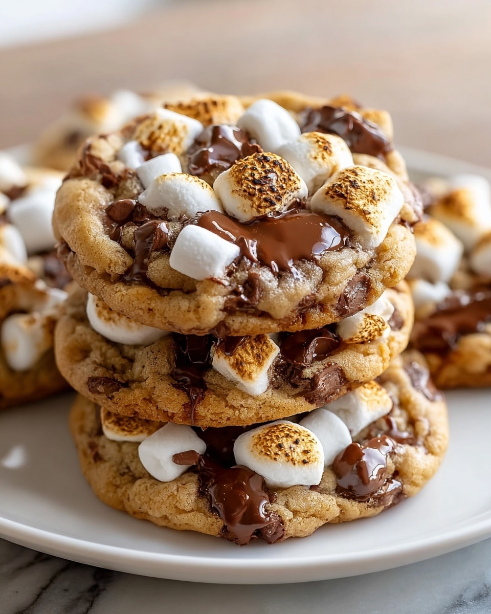 The image shows a close-up of four round cookies stacked and placed on a white plate on a white marbled surface. Each cookie has a golden brown baked dough base with a slightly cracked texture. On top of the dough, there are clusters of white and toasted mini marshmallows that have browned lightly on their edges. Scattered among the marshmallows are smooth, melted chocolate pieces that have drizzled down and mixed with the dough slightly, creating shiny dark brown spots and streaks. The cookies appear soft and rich with a mix of creamy and crunchy textures. Photo taken with an iphone --ar 4:5 --v 7