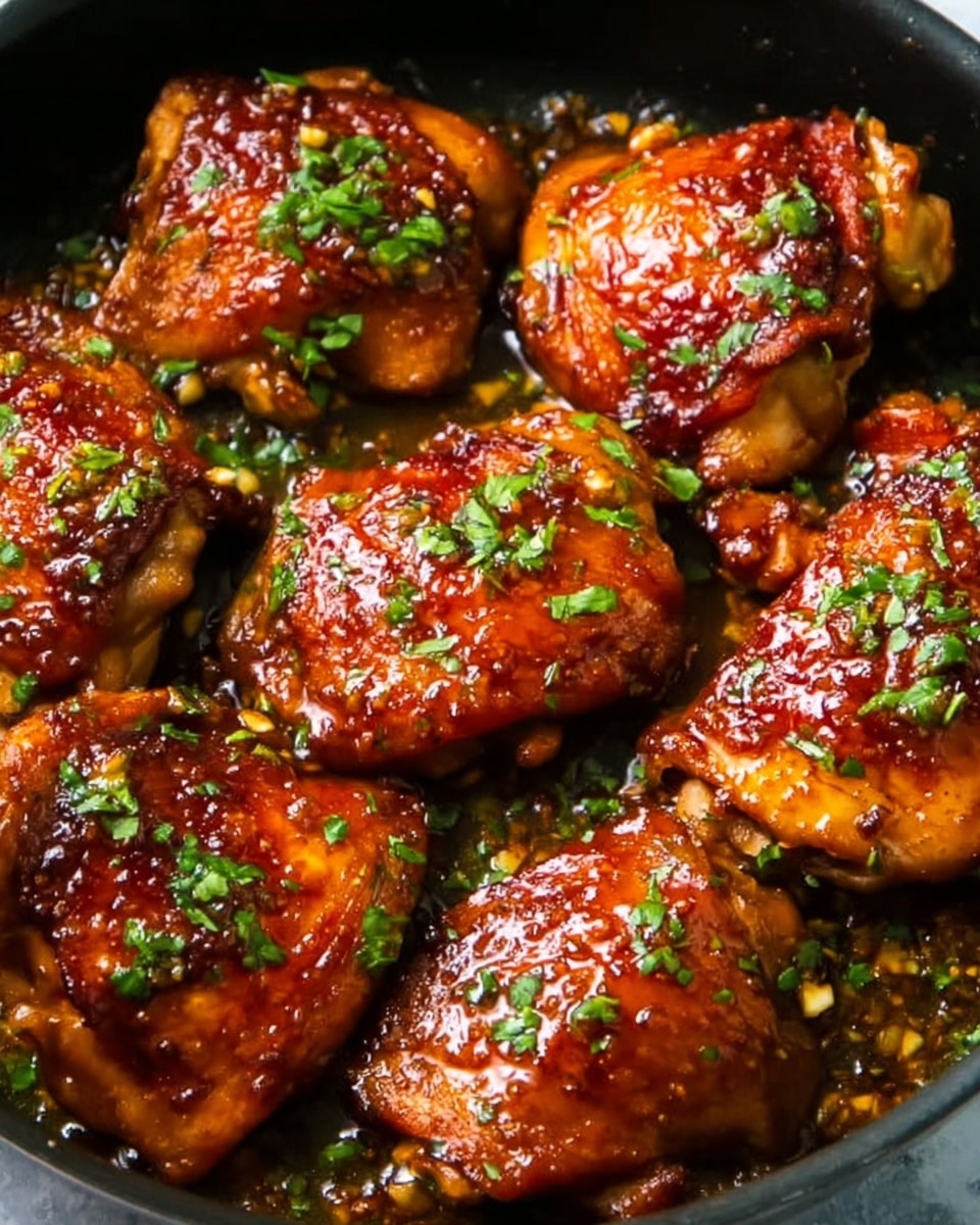 A close-up view of a pan filled with browned cooked chicken pieces in a thick, shiny reddish-brown sauce. The chicken has crispy, darkened edges and softer orange-yellow parts under the sauce. Small finely chopped green herbs are sprinkled evenly on top of the chicken. The pan's dark surface contrasts with the vibrant colors of the chicken and sauce. The photo background is a white marbled texture. photo taken with an iphone --ar 4:5 --v 7