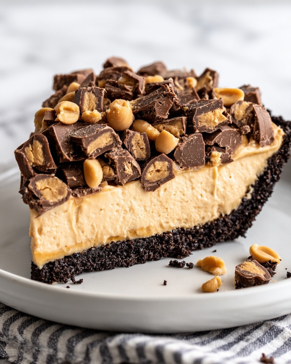 A pie shown from above with three clear layers: a dark crumb crust at the bottom forming a firm base, a thick middle layer of smooth peanut butter filling in a creamy light tan color, and a topping covered with chopped peanut butter cups with a mix of dark chocolate and tan peanut butter visible inside. The whole pie is drizzled with two sauces, one dark chocolate and one peanut butter-colored, adding rich texture and shine. It is placed on a white marbled surface in a clear glass dish. photo taken with an iphone --ar 4:5 --v 7