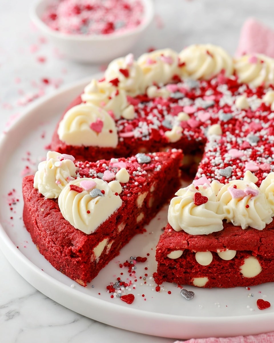 A triangular slice of bright red cake with white chocolate chunks inside is placed on a white plate. The cake has a thick layer of smooth white cream frosting on top, decorated with small pink, red, and white sprinkles along with a small red heart-shaped sprinkle in the center. More pink, red, and white sprinkles are scattered around the plate and on a light pink cloth underneath. A silver fork lies next to the slice on the plate. In the blurred background, there is a round cake with similar frosting and sprinkles, set on a white marble surface. Photo taken with an iphone --ar 4:5 --v 7