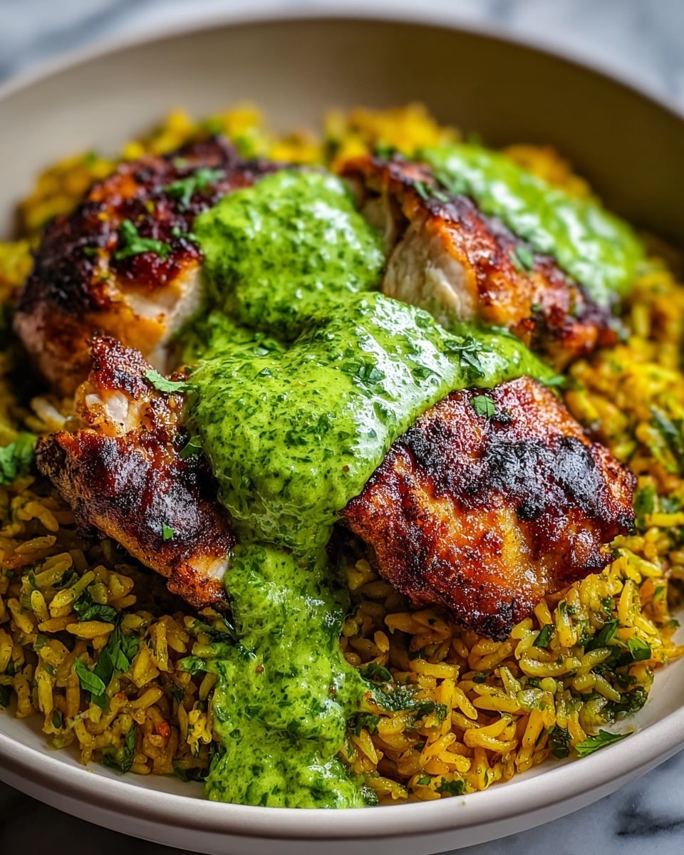 A white plate holds three pieces of grilled chicken with a dark, crispy texture and a shiny green sauce drizzled on top, sprinkled with fresh green herbs. The chicken rests on a bed of yellow and white seasoned rice, mixed with small bits of herbs. Behind the chicken, there is a small white bowl filled with bright green sauce and a wedge of lime placed beside it. The whole scene is set against a white marbled textured surface. Photo taken with an iphone --ar 4:5 --v 7