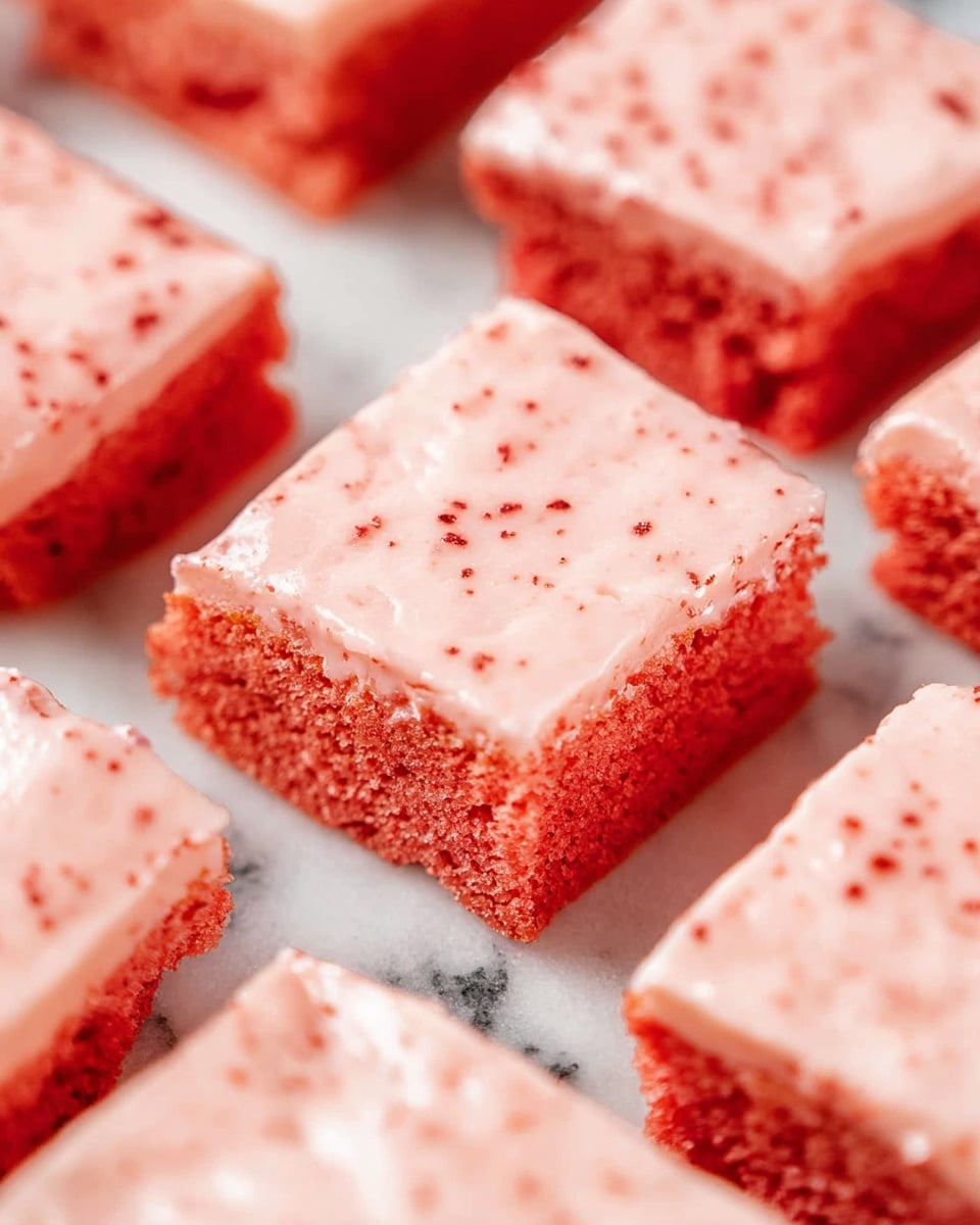 A close-up image shows square pieces of soft pink cake with a layer of light pink frosting on top. The cake squares are layered two high in the front, showing the fluffy orange-pink texture inside and the creamy frosting above. The frosting has small red specks in it and a smooth, slightly shiny texture that drips a little off the edge. In the background, more similar cake squares are spread out on a white marbled surface, slightly out of focus to emphasize the front pieces. photo taken with an iphone --ar 4:5 --v 7