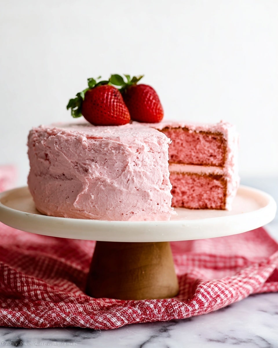 A slice of pink two-layer cake sits on a white plate with a textured edge. Each cake layer is light pink with a soft, spongy texture, and between the layers and on top is a thick, creamy pink frosting. A fresh small strawberry with green leaves rests on top of the cake slice. The plate is placed on a red and white checkered cloth over a white marbled surface with a blurred brown wood background. Photo taken with an iphone --ar 4:5 --v 7