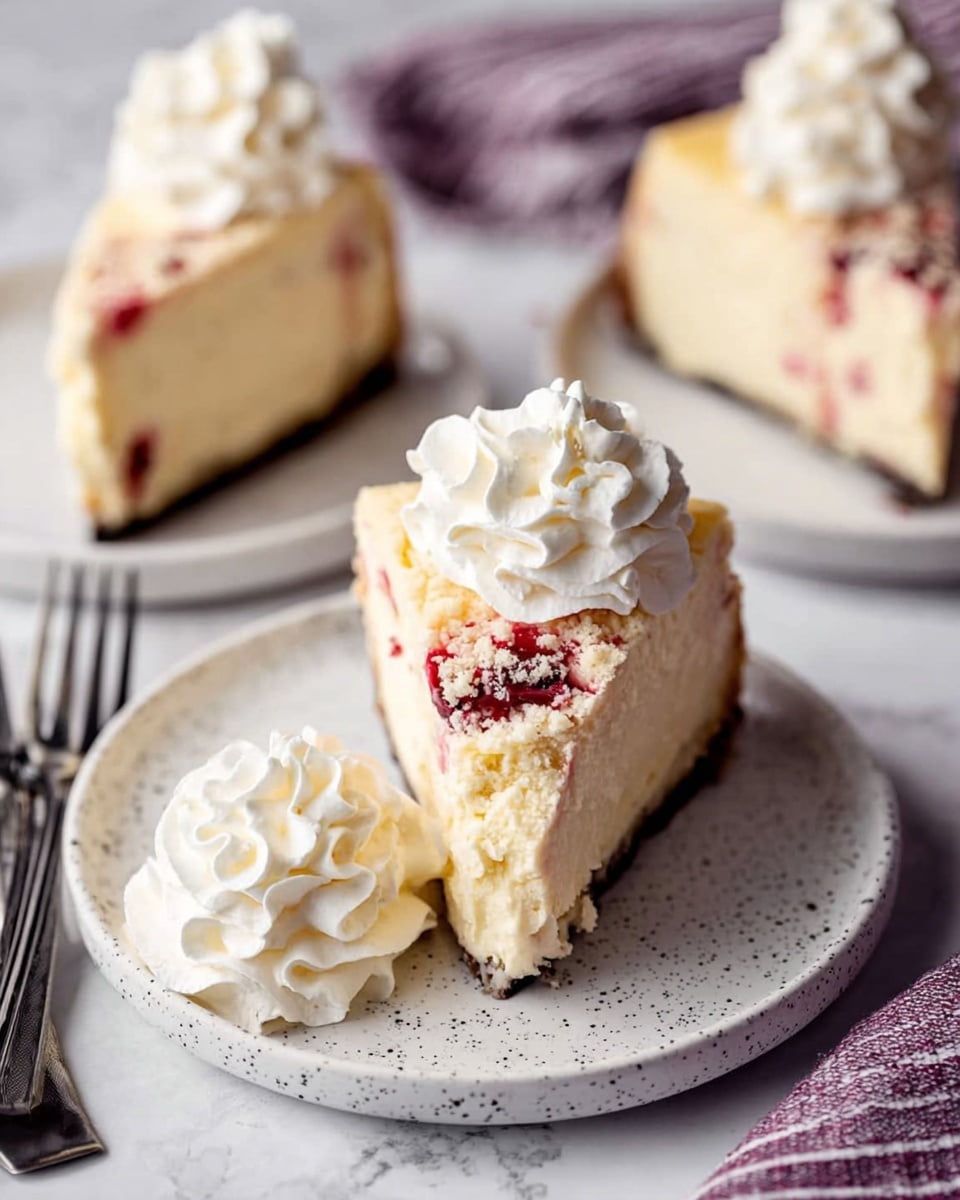 The image shows a slice of creamy cheesecake on a white speckled plate with a white marbled surface underneath. The cheesecake slice has three clear layers: a thin dark crust at the bottom, a thick pale yellow creamy middle, and a crumbly topping with red berry bits sprinkled on top. Two large swirls of white whipped cream sit on the right side of the slice. In the background, more slices of the same cheesecake with similar layers and whipped cream are on white speckled plates, along with two silver forks and a cloth with purple stripes. photo taken with an iphone --ar 4:5 --v 7