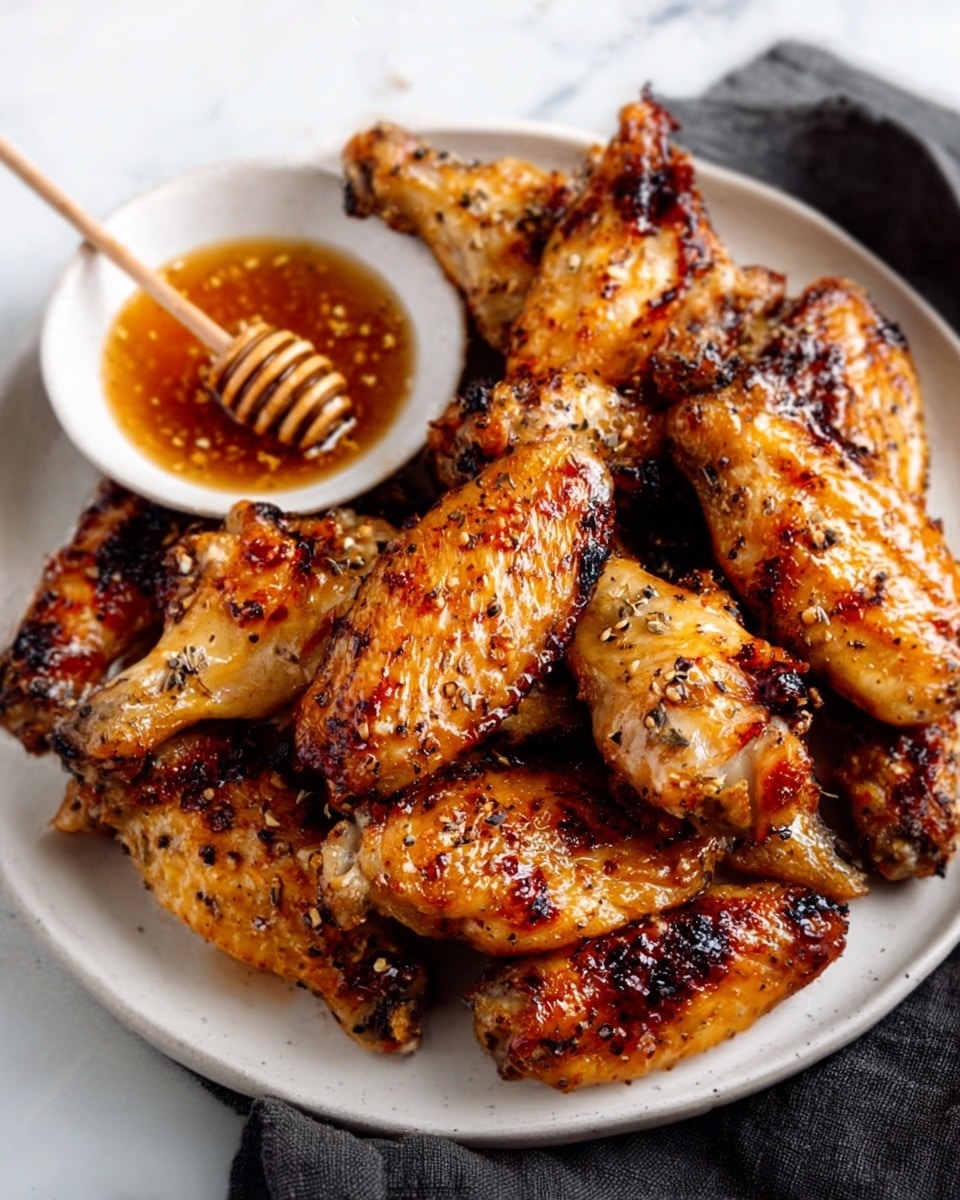 A white plate filled with several golden-brown grilled chicken wings that have a shiny, slightly charred texture. The wings are stacked loosely, showing a crispy and well-seasoned surface with specks of pepper and herbs. On the side of the plate, a small white bowl contains a thick amber-colored sauce with visible seeds, with a wooden honey dipper resting inside it. A woman's hand holds the honey dipper over the bowl ready to drizzle sauce. The plate sits on a white marbled surface with a dark cloth partially visible under one side. photo taken with an iphone --ar 4:5 --v 7