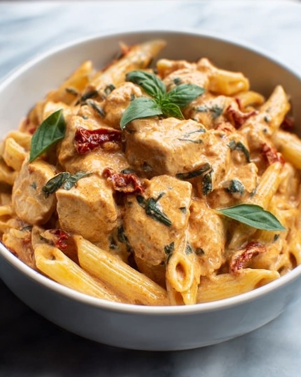 A deep white bowl filled with creamy pasta topped with large chunks of light golden cooked chicken pieces. The pasta is pale yellow penne, partially visible under a thick, smooth, orange-cream sauce mixed with red specks of sun-dried tomatoes. Small dark green basil leaves are scattered on top, adding color contrast. The bowl is placed on a white marbled surface. Photo taken with an iphone --ar 4:5 --v 7