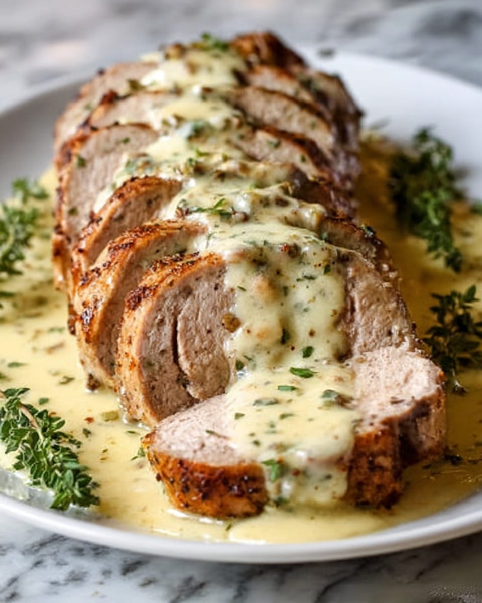 The image shows slices of cooked meat arranged in a row on a white plate, each slice topped with a creamy light yellow sauce speckled with herbs. The meat has a browned, seasoned outer layer with a tender, light brown inside. More sauce pools around the base of the meat on the plate. Small green herb sprigs are scattered on top and around the meat, adding contrast. The scene is set on a white marbled surface. photo taken with an iphone --ar 4:5 --v 7