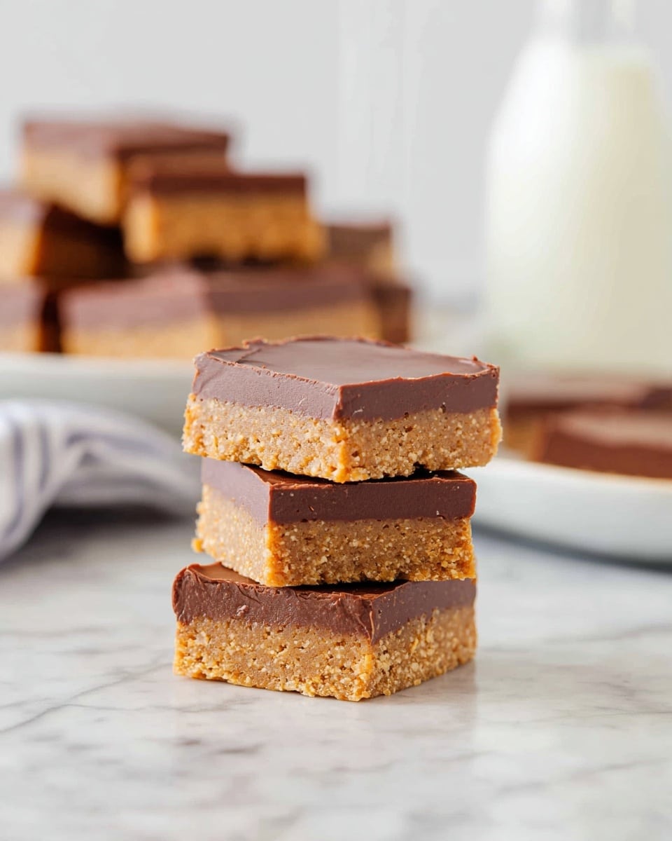 A white plate holds a stack of square bars, each with two clear layers: a thick, crumbly tan base and a smooth, shiny chocolate layer on top. The bars are neatly cut and stacked unevenly, showing the contrast between the light, textured bottom layer and the dark, glossy top layer. The plate sits on a blue and white checkered cloth placed on a white marbled surface. photo taken with an iphone --ar 4:5 --v 7