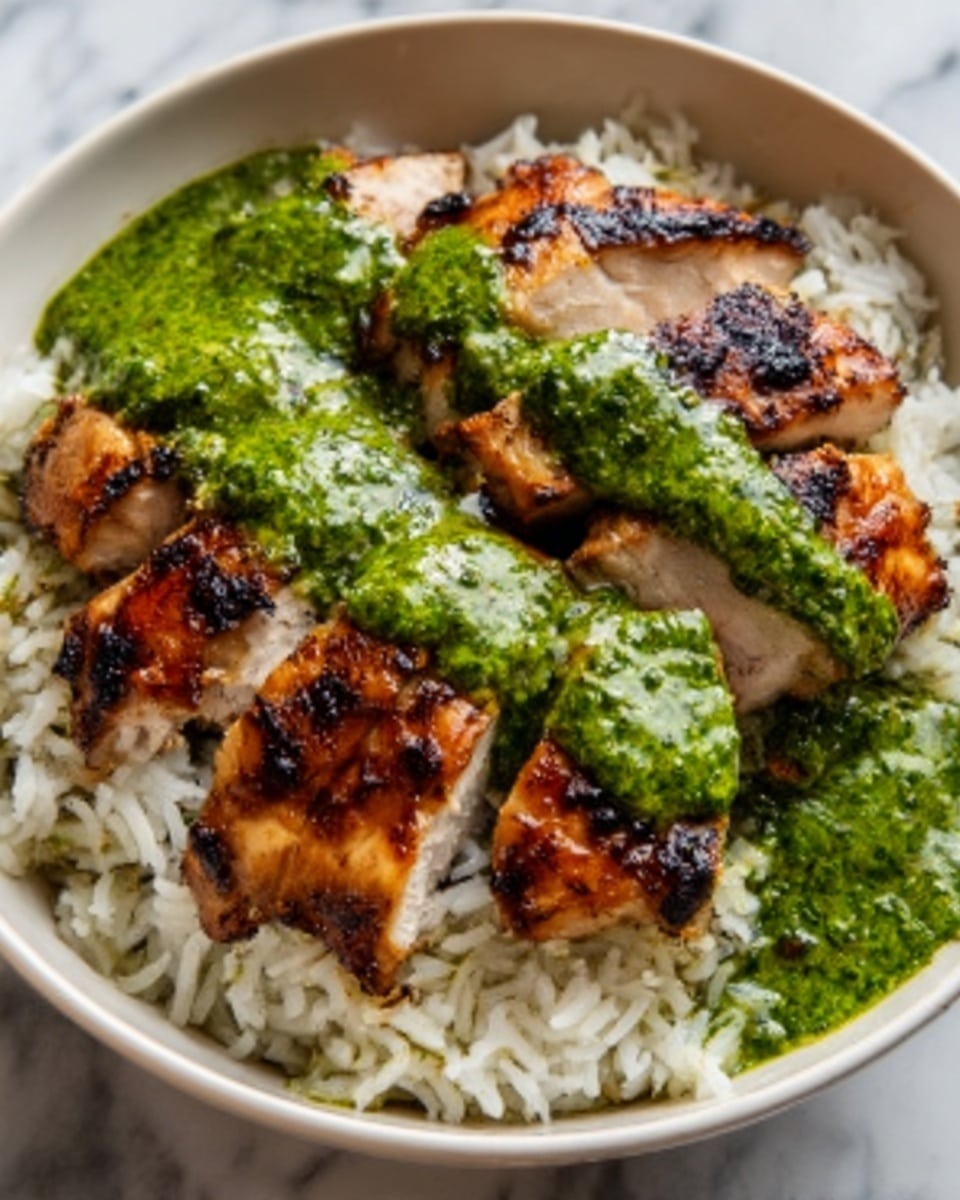 A white bowl filled with a base of soft, fluffy white rice as the bottom layer, topped with small pieces of bright orange shredded carrots and thin slices of red onion mixed with green chopped herbs. On top of this is a thick, juicy layer of grilled chicken pieces with a golden-brown, slightly charred crust. The chicken is generously covered with a smooth, creamy green sauce that flows over the chicken and rice. The bowl sits on a white marbled surface. photo taken with an iphone --ar 4:5 --v 7