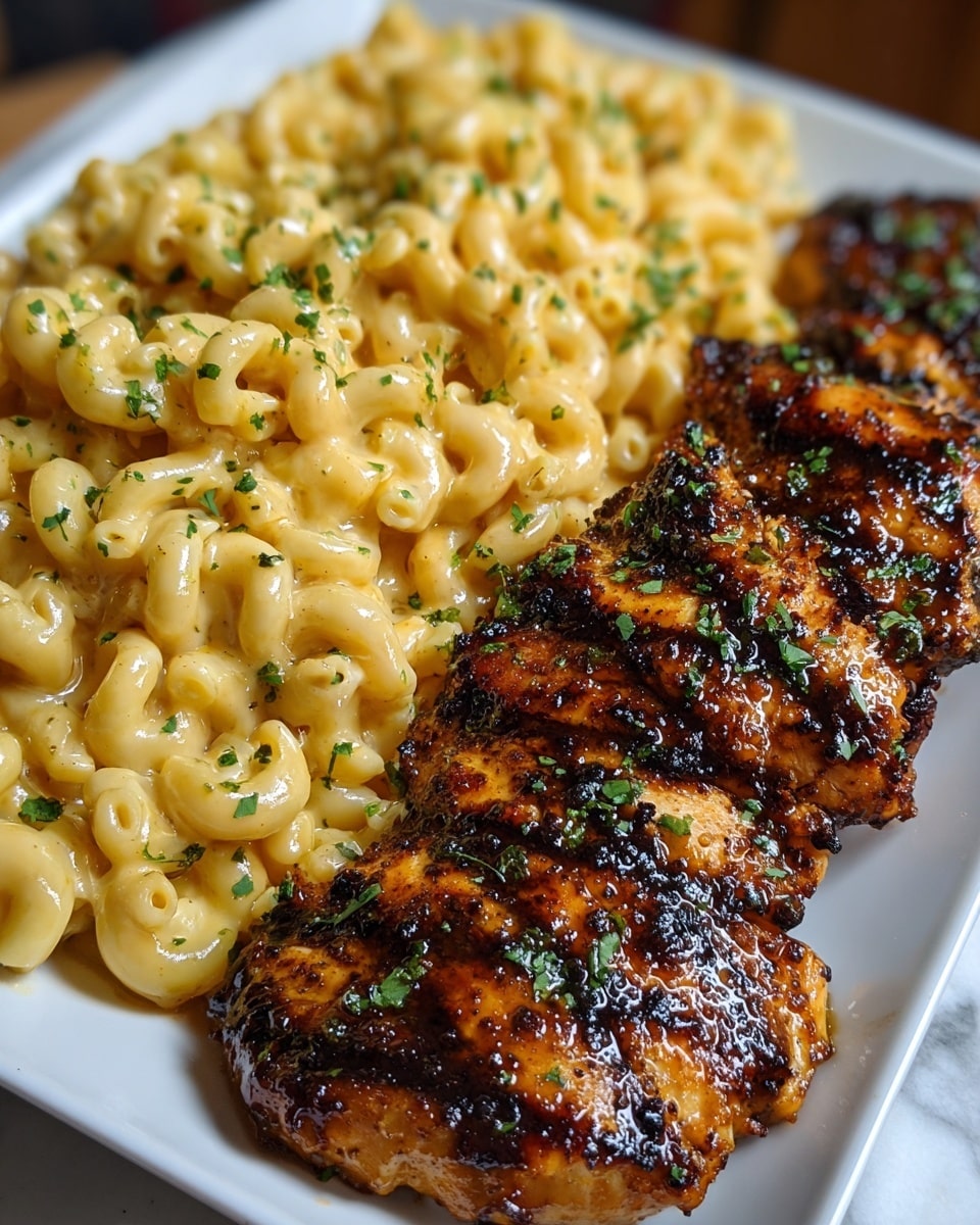 A close-up view of a white plate filled with creamy macaroni and cheese on the right side, showing soft, curly pasta coated in a smooth, pale yellow sauce with small green herb pieces sprinkled on top. On the left side of the plate, there are three grilled chicken pieces, each with a golden-brown color and visible grill marks, covered with a light glaze and tiny herbs. The plate sits on a white marbled surface. photo taken with an iphone --ar 4:5 --v 7