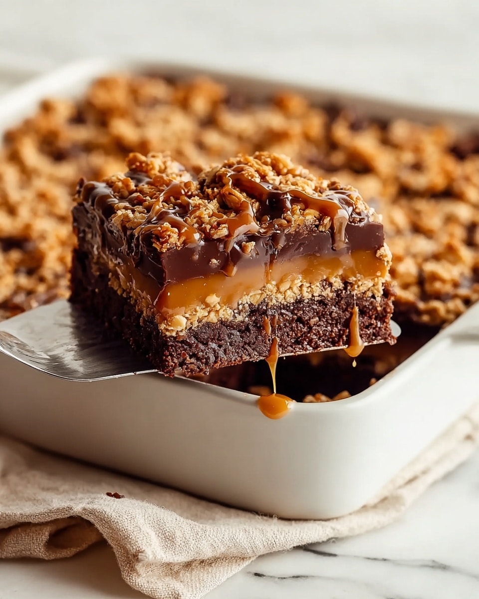 A close-up view of a square dessert piece with three clear layers on a white plate. The bottom layer is thick, dense, and dark brown with a moist, crumbly texture. The middle layer is gooey and golden caramel with a mix of small crunchy bits inside. The top layer consists of golden yellow corn flakes and rounded milk chocolate pieces, some melted and oozing slightly over the sides. The plate sits on a white marbled surface with a soft light, making the colors of the dessert rich and inviting. Photo taken with an iphone --ar 4:5 --v 7